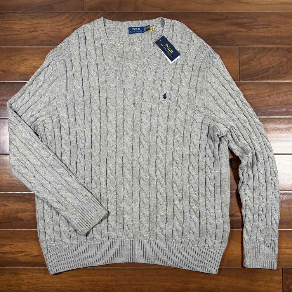 Polo Ralph Lauren Men's Size 2XB Gray Cable Knit Cotton Pullover Sweater
